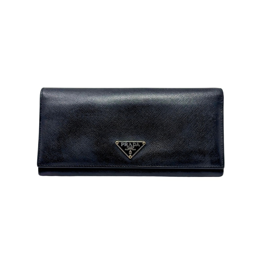 Prada Wallet Long Continental Bifold Card Black Leather Saffiano Triangle Logo